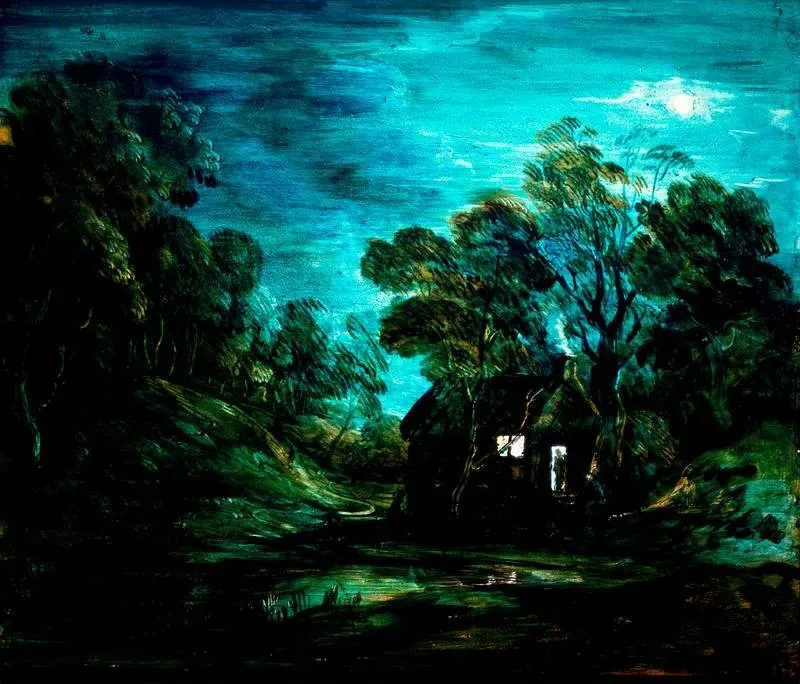 Wooded Moonlight Landscape with a Pool and a Figure at the Door of a Cottage, by Thomas Gainsborough, unspecified