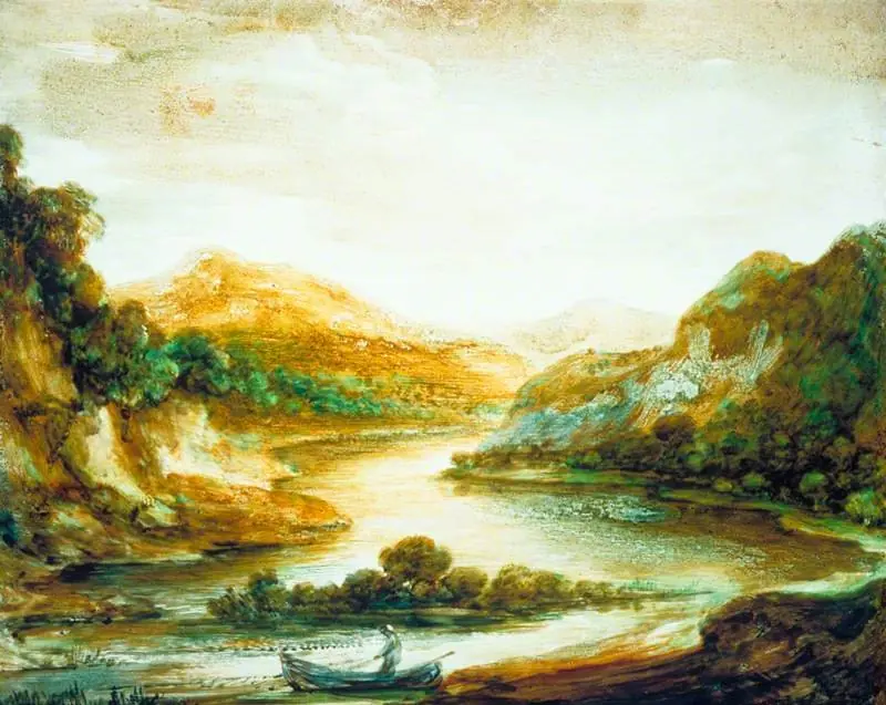 Wooded River Landscape with a Fisherman in a Rowing Boat, High Banks and Distant Mountains, by Thomas Gainsborough