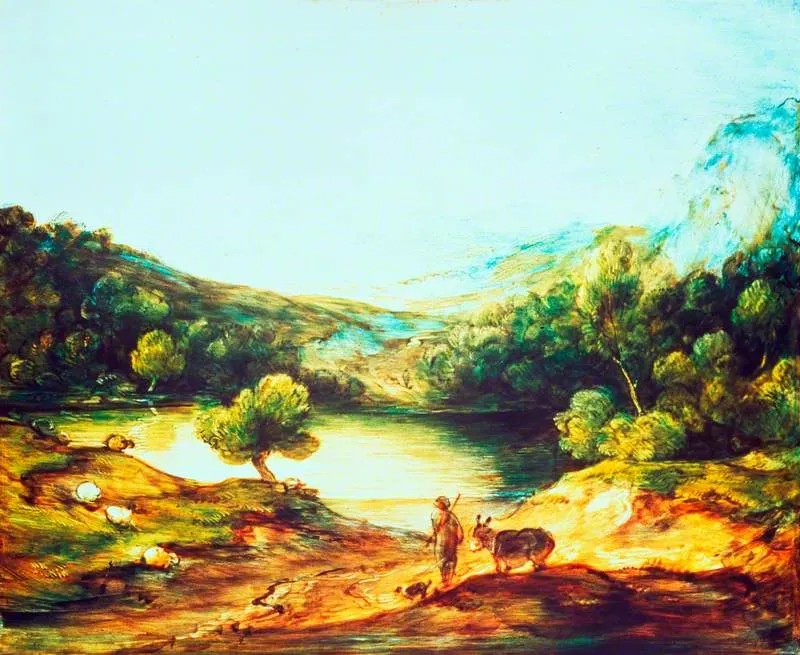Wooded Upland Landscape with a Shepherd, a Donkey and Scattered Sheep, a Lake and a Distant Village and Hills, by Thomas Gainsborough, unspecified