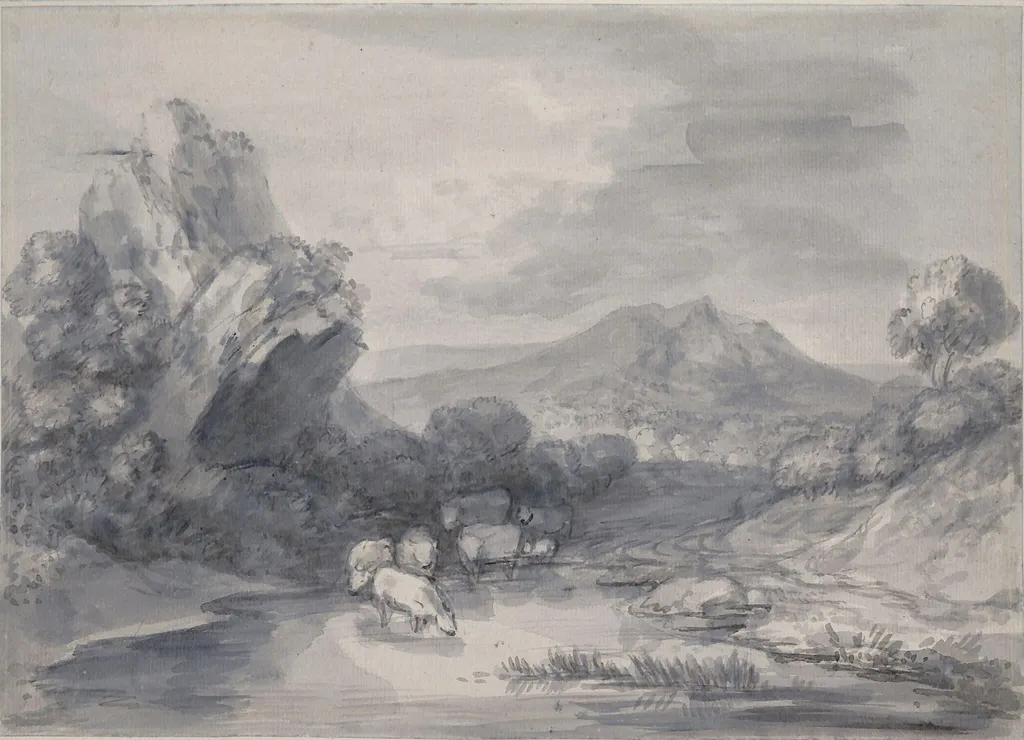 Wooded Upland Landscape with Cattle at a Watering Place, by Thomas Gainsborough, watercolor, 1783