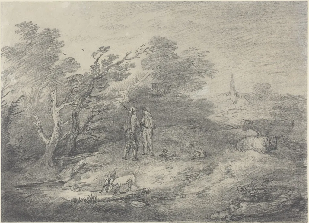 Woods Near a Village with Rabbit Catchers and Their Greyhounds, by Thomas Gainsborough, graphite, 1754
