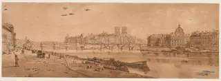A Selection of Twenty of the Most Picturesque Views in Paris:  View of Pont Neuf, part of the Louvre, Notre Dame, and the College of Four Nations, by Thomas Girtin