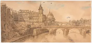 A Selection of Twenty of the Most Picturesque Views in Paris:  View of Pont au Change, the City Theatre, Pont Neuf, Conciergerie Prison, and taken from Pont Notre Dame, by Thomas Girtin