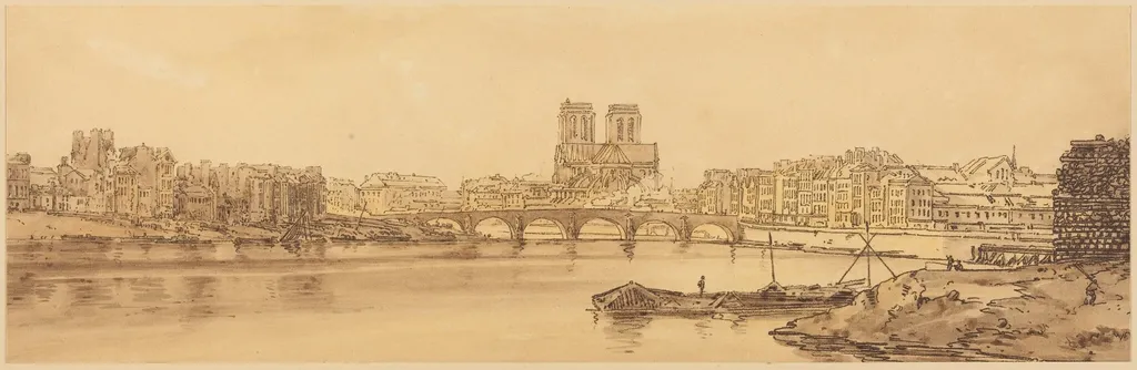 View of Pont de la Tournelle and Notre Dame Taken from the Arsnel: pl.11, by Thomas Girtin, ink, 1802