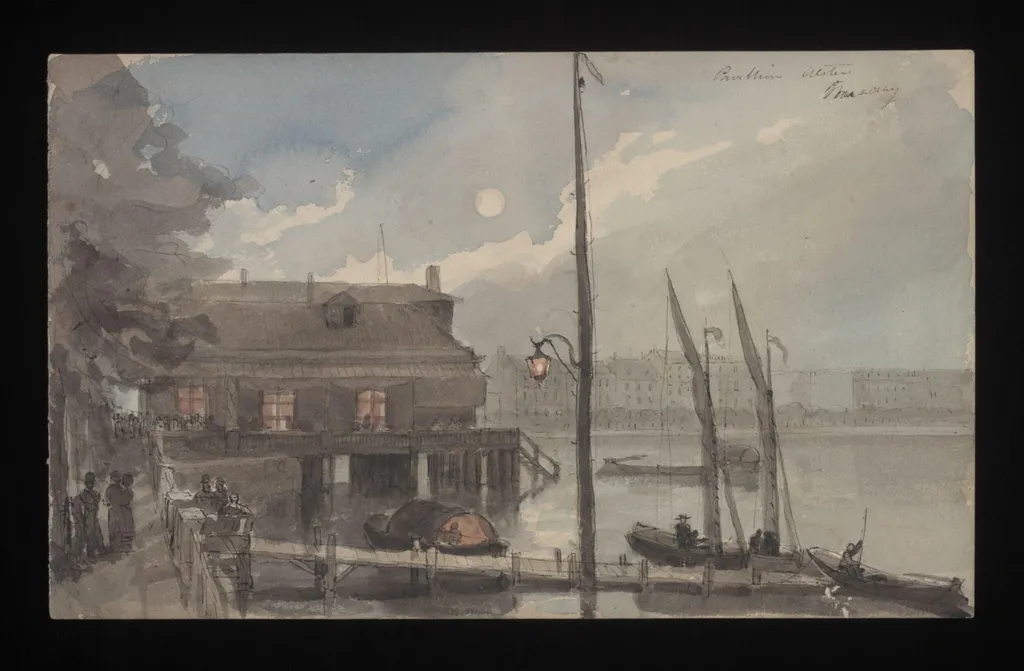 Watercolour drawing by the Grieve family, probably by Thomas Grieve, showing a pavillion beside a river, by Thomas Grieve, 1850