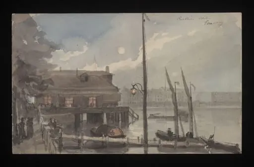 Watercolour drawing by the Grieve family, probably by Thomas Grieve, showing a pavillion beside a river, by Thomas Grieve
