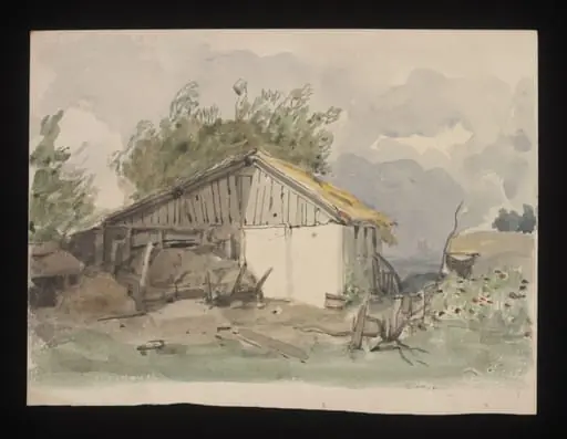 Watercolour drawing by the Grieve family, probably by Thomas Grieve, showing a hut at Margate, by Thomas Grieve