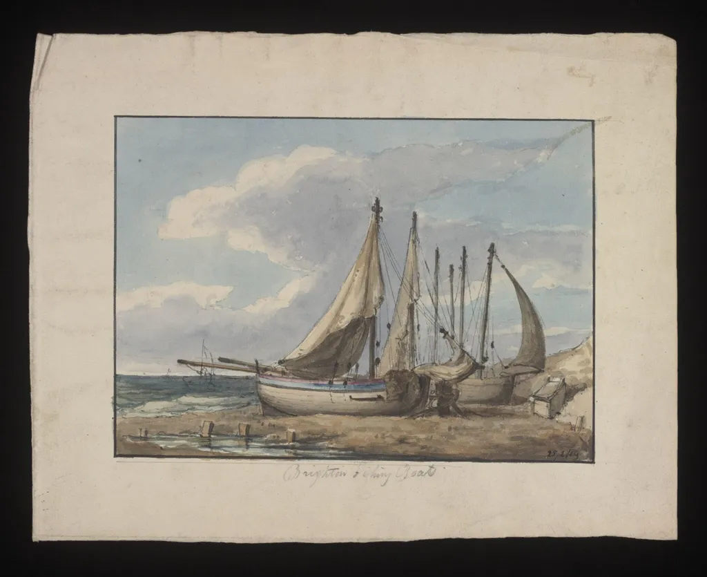 Watercolour drawing by the Grieve family, probably by Thomas Grieve, showing fishing boats at Brighton, by Thomas Grieve, 14