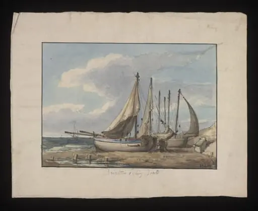Watercolour drawing by the Grieve family, probably by Thomas Grieve, showing fishing boats at Brighton, by Thomas Grieve