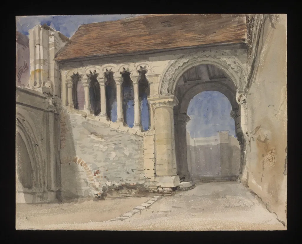Watercolour drawing by the Grieve family, probably by Thomas Grieve, showing a Norman building at Canterbury, by Thomas Grieve, 14