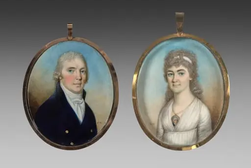 Pair of Miniatures: Portrait of a Man and Portrait of a Woman Wearing a Miniature, by Thomas Hazlehurst