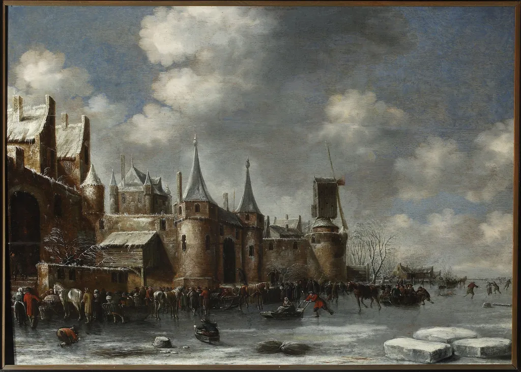 Skating by the city walls, by Thomas Heeremans, oil, 1689
