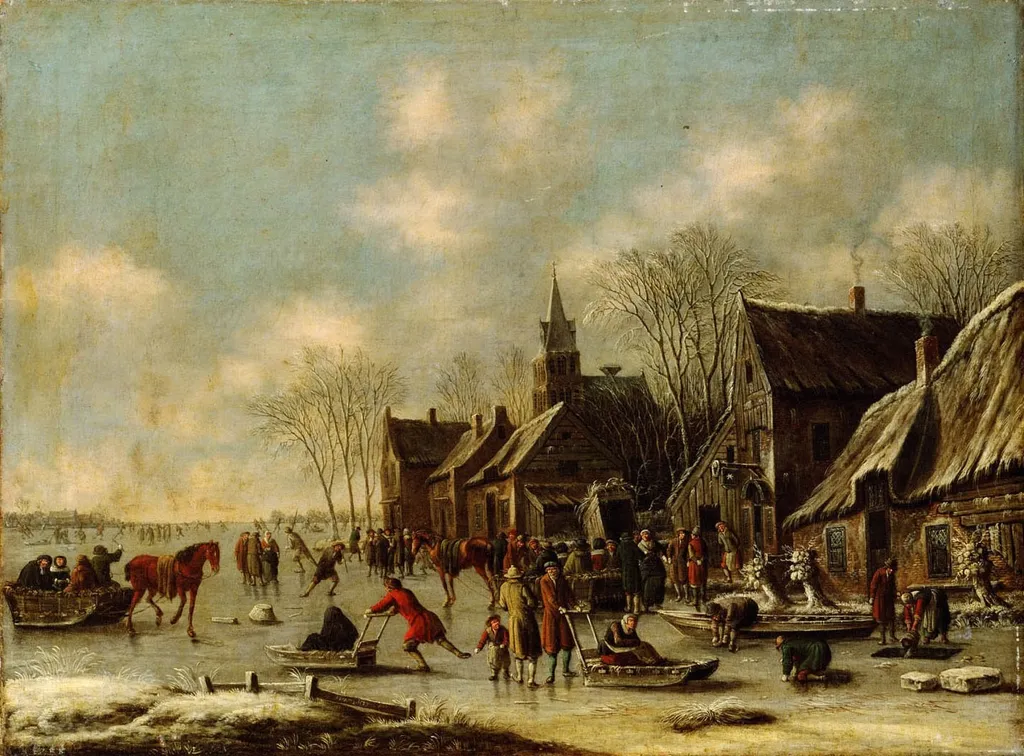 Winter landscape with people having fun on the ice, by Thomas Heeremans, unspecified, 1694