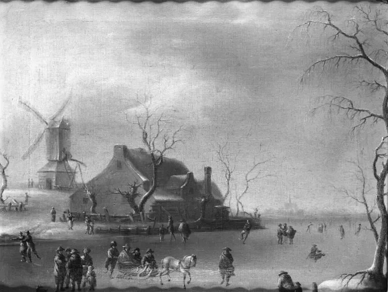 Winter Scenery with Ice Skaters, a Mill to the Left, by Thomas Heeremans, oil, 1688