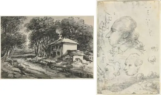 Landscape with Cottage (recto); Studies of Heads (verso), by Thomas Monro