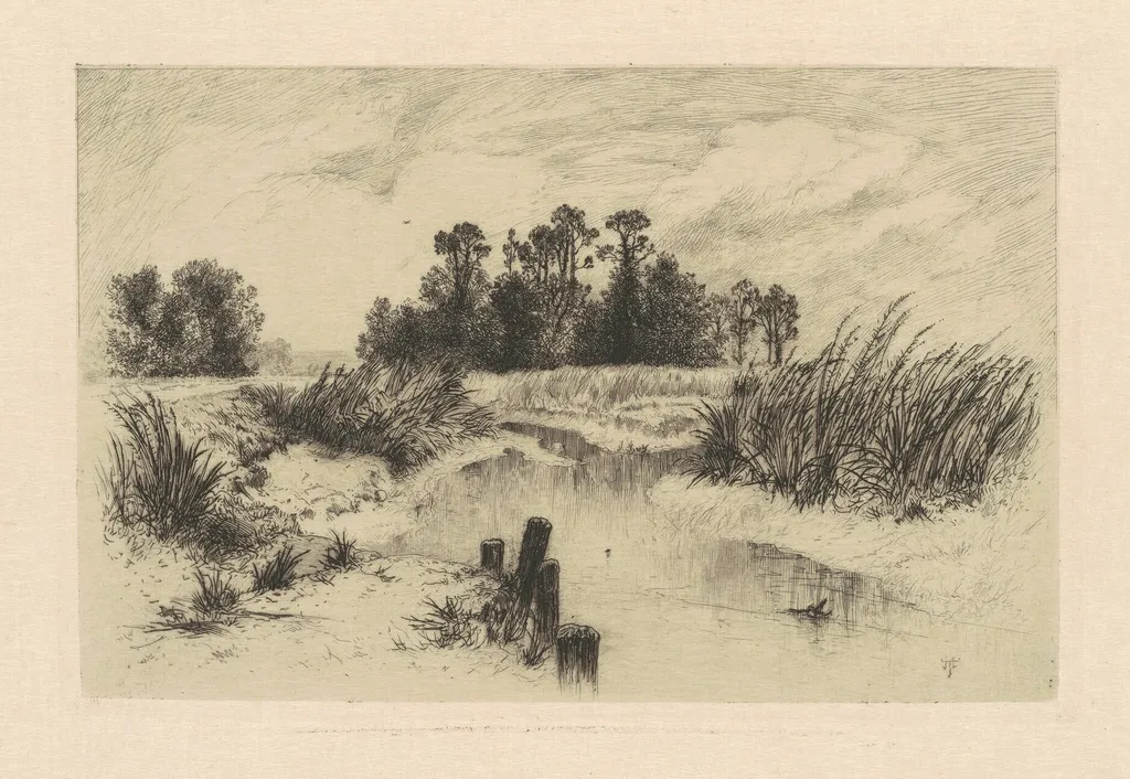 In the Newark Meadows, by Thomas Moran, ink, 1879