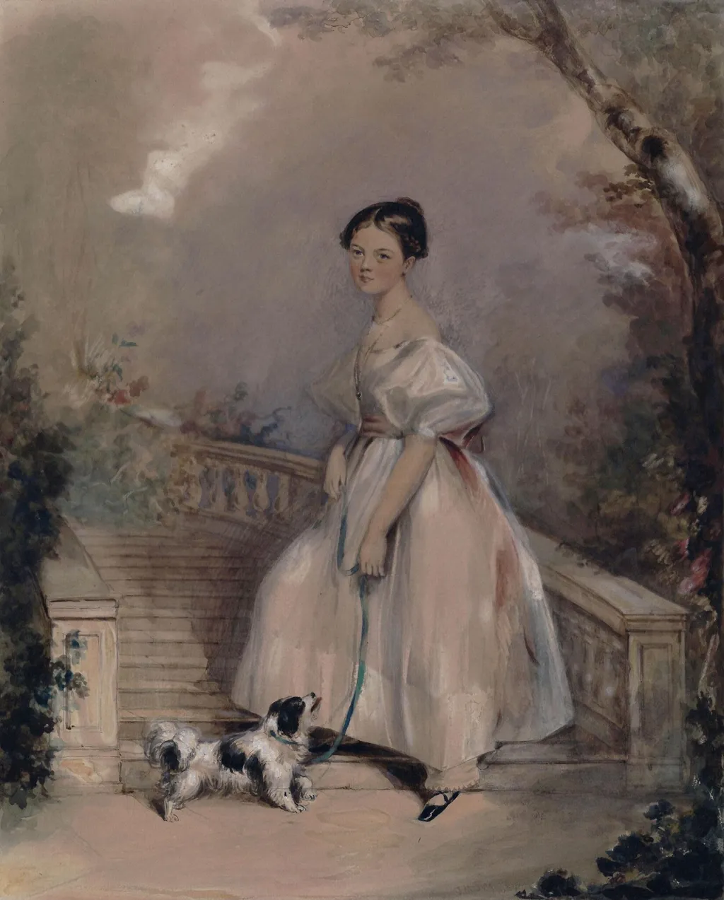 Young Girl with a Dog on the Terrace, by Thomas Musgrave Joy, watercolor, 1834