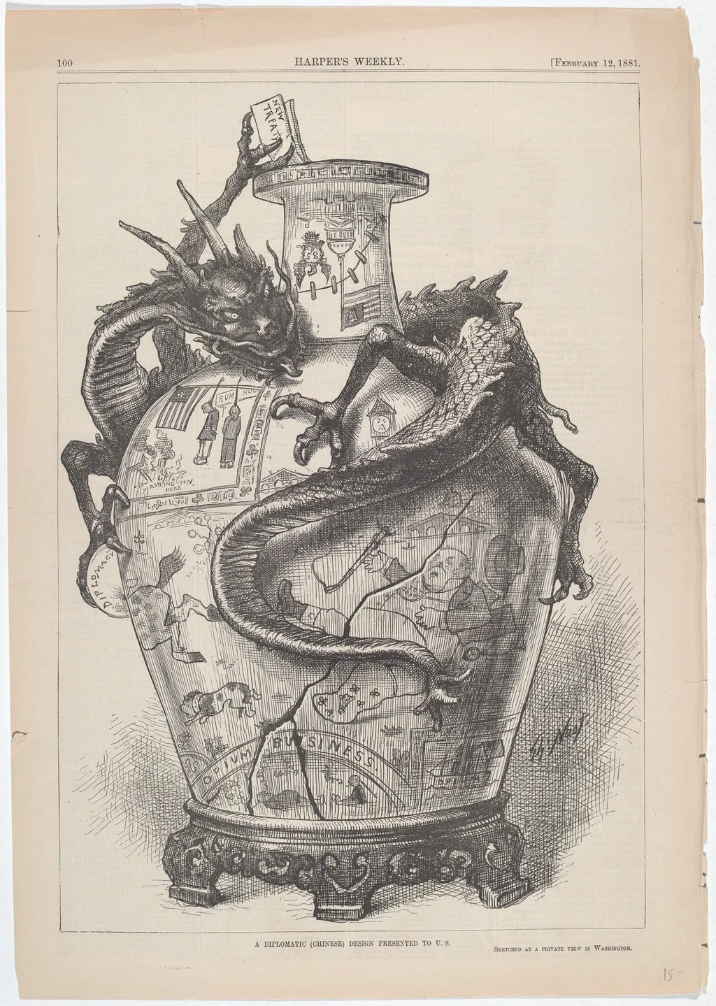 A Diplomatic (Chinese) Design Presented to U.S., by Thomas Nast, ink, 1881
