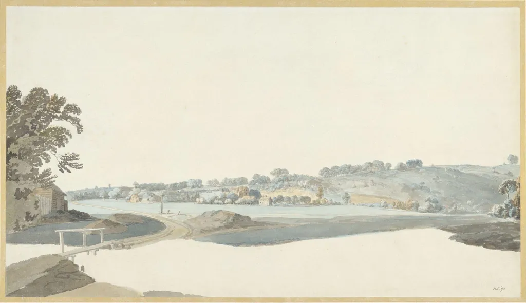 Sketch of a common with houses, by Thomas RA Daniell, watercolor, 1770
