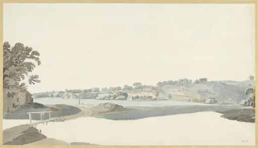 Sketch of a common with houses, by Thomas RA Daniell