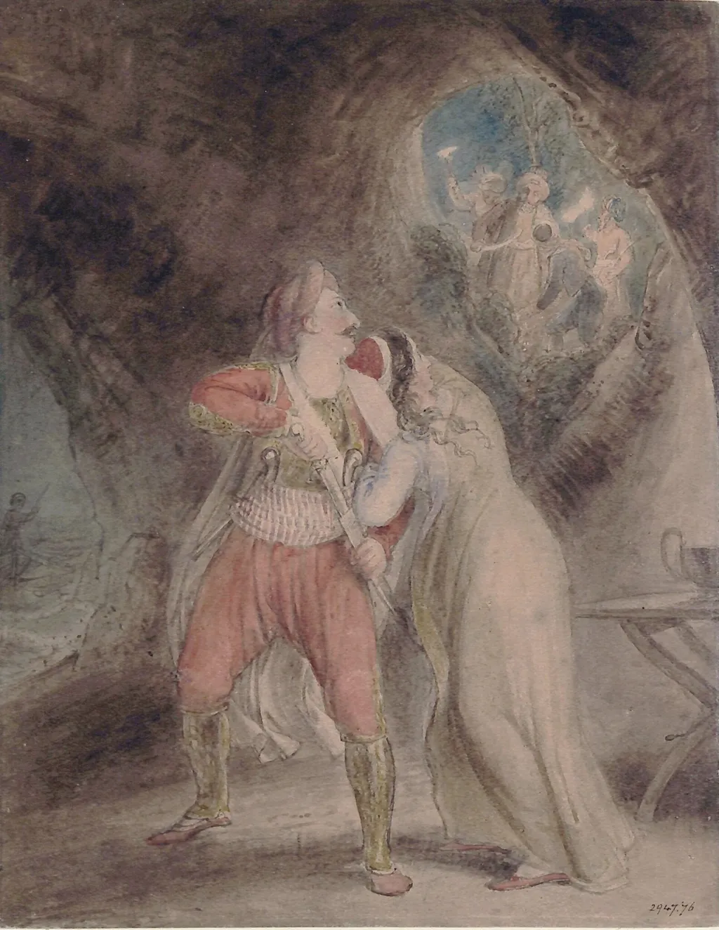 Selim discovered with Zuleika by Giaffir and his men, by Thomas RA Stothard, watercolor, 1824