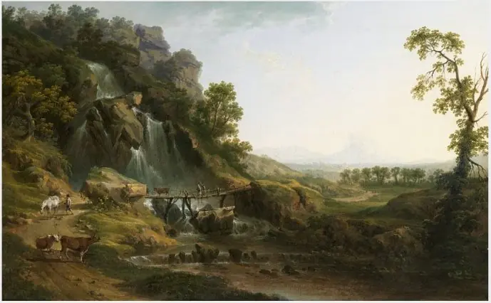 A Landscape with Travellers and Cattle Crossing a Bridge by a Waterfall, by Thomas Roberts