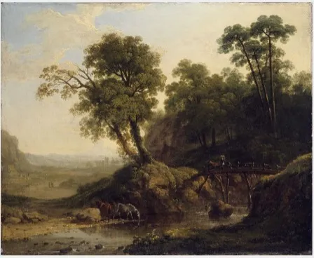 Landscape with a River and Horses by a Wooden Bridge, by Thomas Roberts, oil, 1903