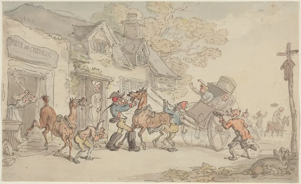 Changing Horses at a Post House in France, by Thomas Rowlandson, ink, 1790