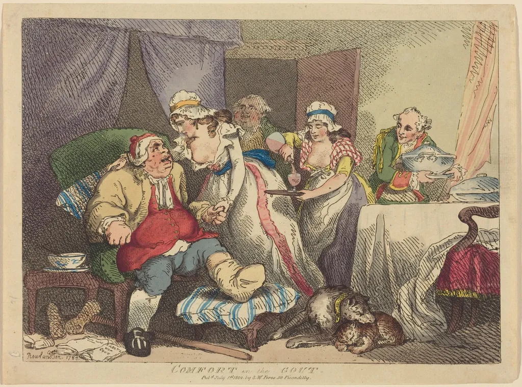 Comfort in the Gout, by Thomas Rowlandson, ink, 1785