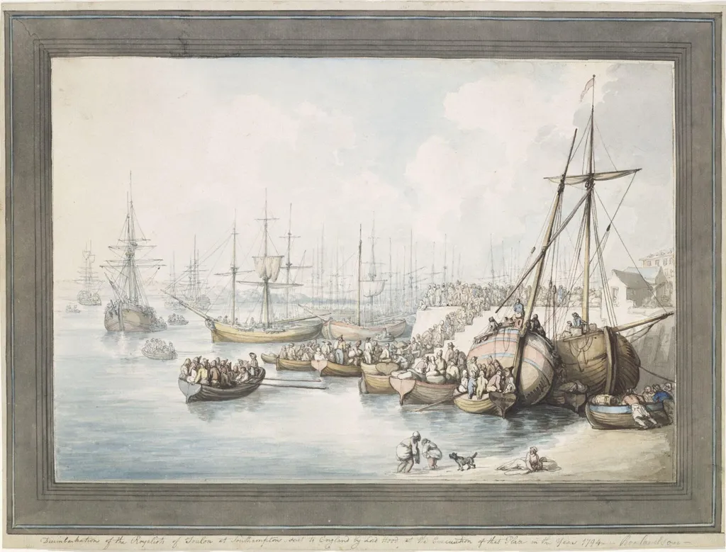 Disembarkation of the Royalists of Toulon at Southampton, 1794, by Thomas Rowlandson, watercolor, 1794