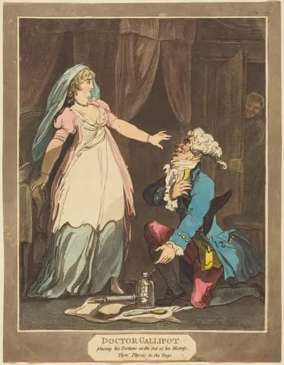 Doctor Gallipot placing his Fortune at the feet of his Mistress, by Thomas Rowlandson