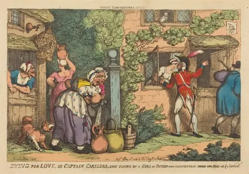 Dying for Love, or Captain Careless shot flying by a Girl of Fifteen, who Unexpectedly Popped her Head out of a Casement, by Thomas Rowlandson
