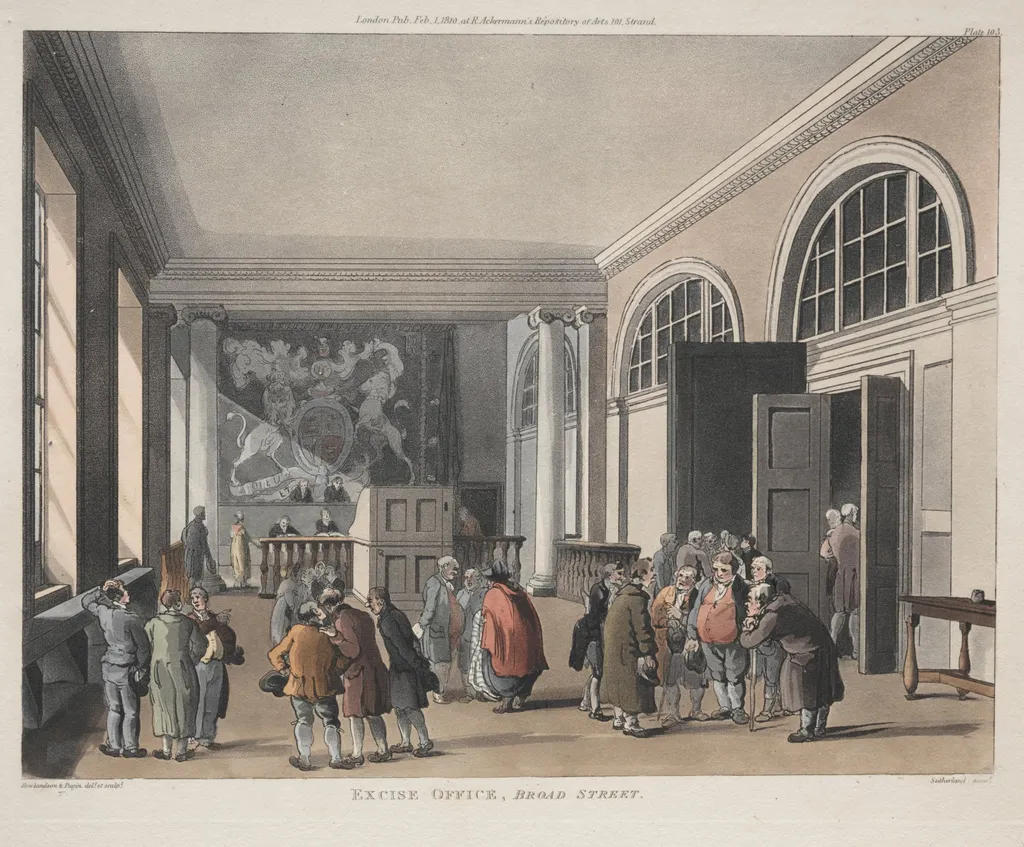 Excise Office, Broad Street, by Thomas Rowlandson, 1810