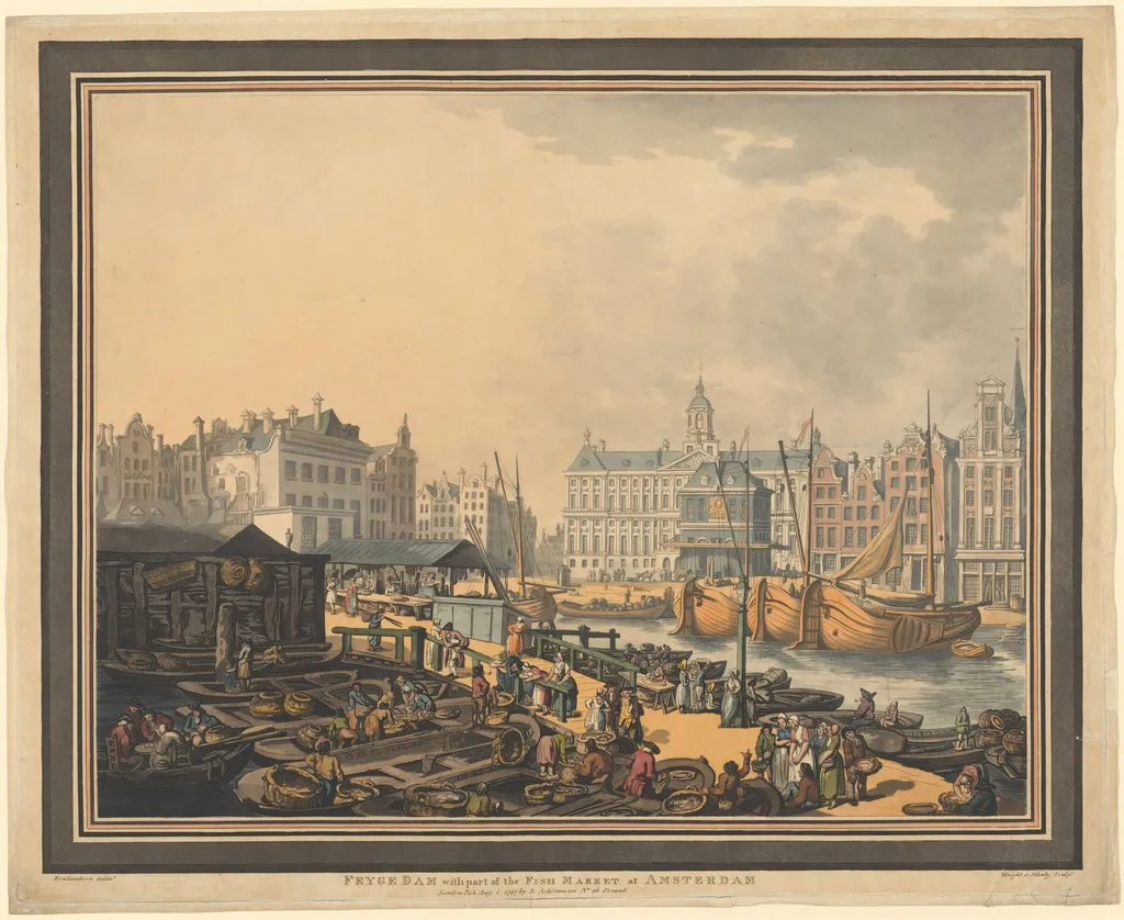 Feyge Dam, with part of the Fish Market at Amsterdam, by Thomas Rowlandson, ink, 1797