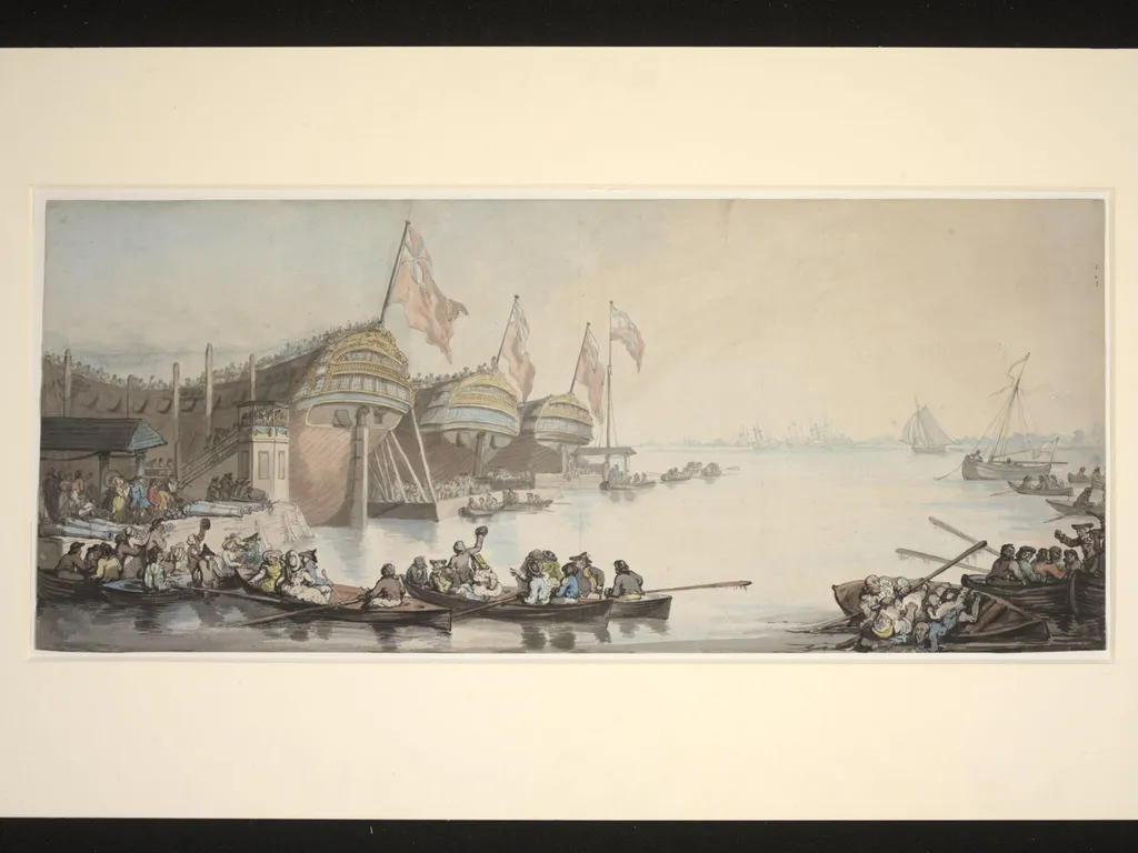 George III launching three frigates at Deptford, by Thomas Rowlandson, watercolor, 1780