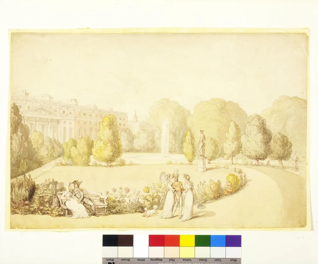 Hampton Court Palace: The Garden Front, by Thomas Rowlandson, watercolor, 1777