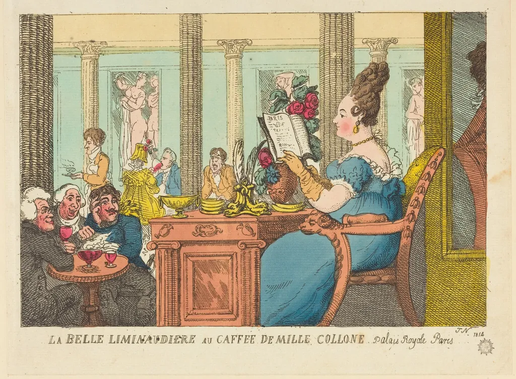 La Belle Limonaudiere au Cafe des Mille Colonnes, Palais Royal, Paris, by Thomas Rowlandson, ink, 1814