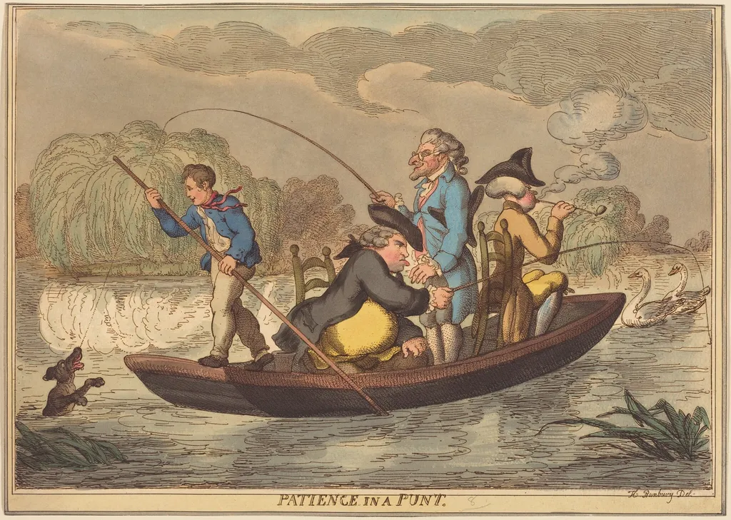 Patience in a Punt, by Thomas Rowlandson, ink, 1811