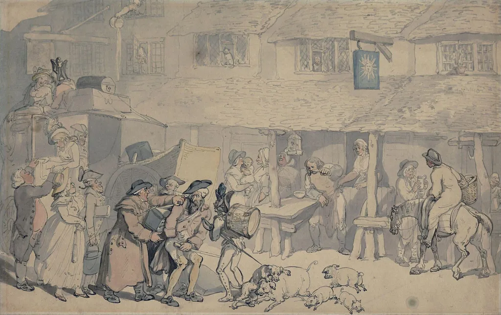 Scene outside an inn, by Thomas Rowlandson, watercolor