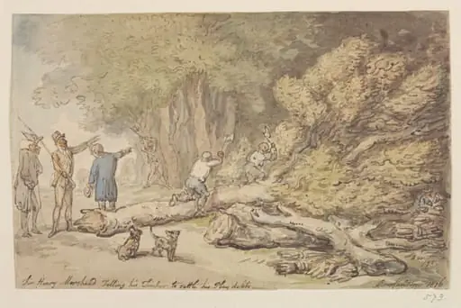 Sir Henry Morshead felling his timber to settle his play debts, by Thomas Rowlandson