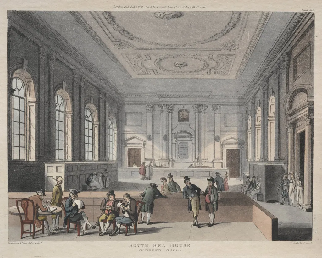 South Sea House, Dividend Hall, by Thomas Rowlandson, 1810