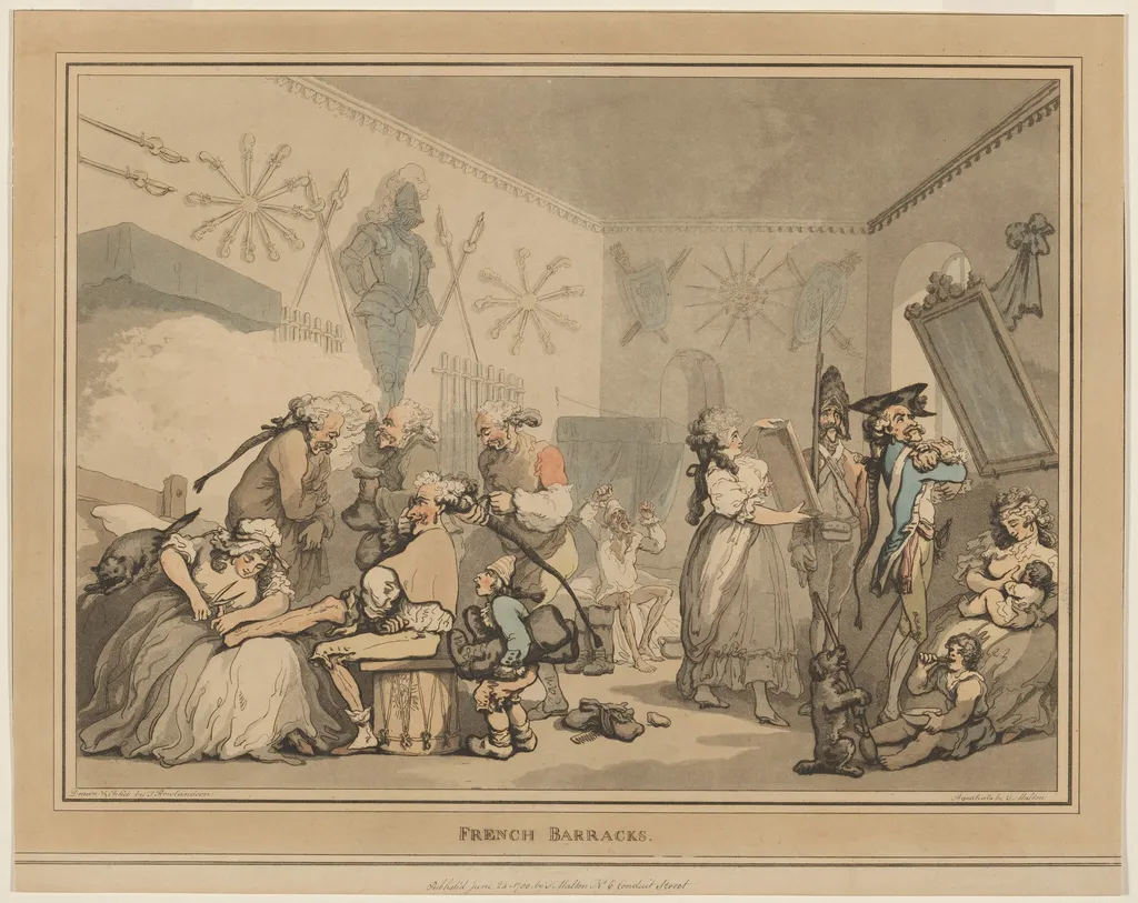 The French Barracks, by Thomas Rowlandson, ink, 1791
