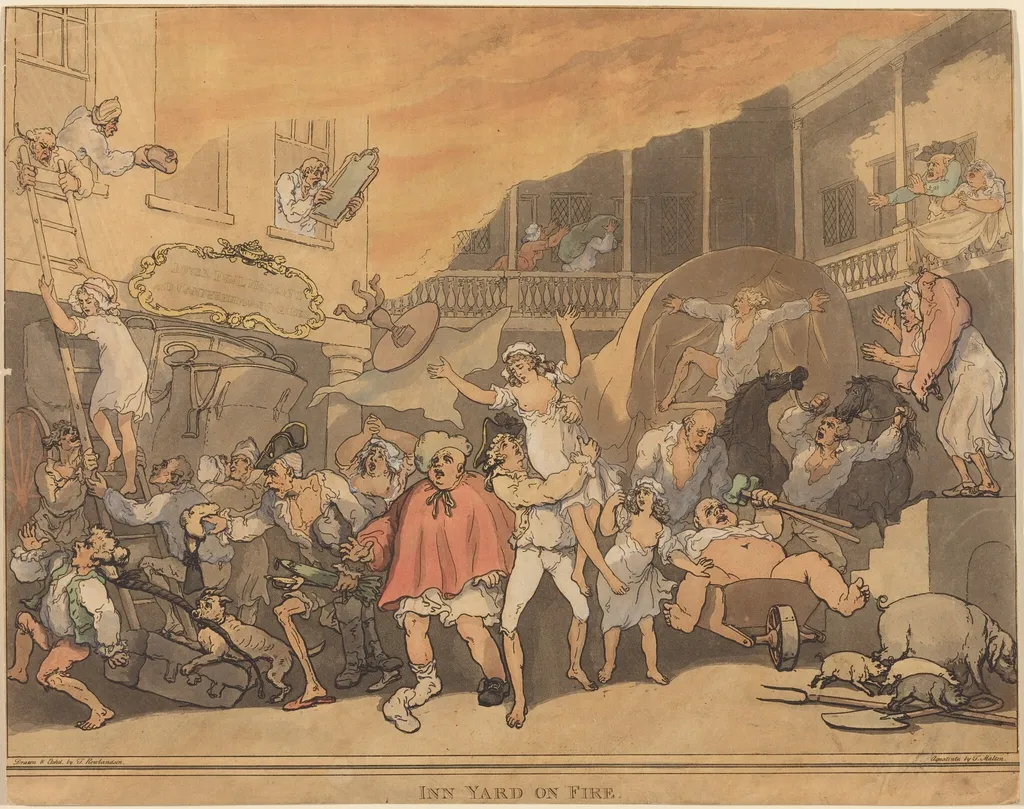 The Inn Yard on Fire, by Thomas Rowlandson, ink, 1791