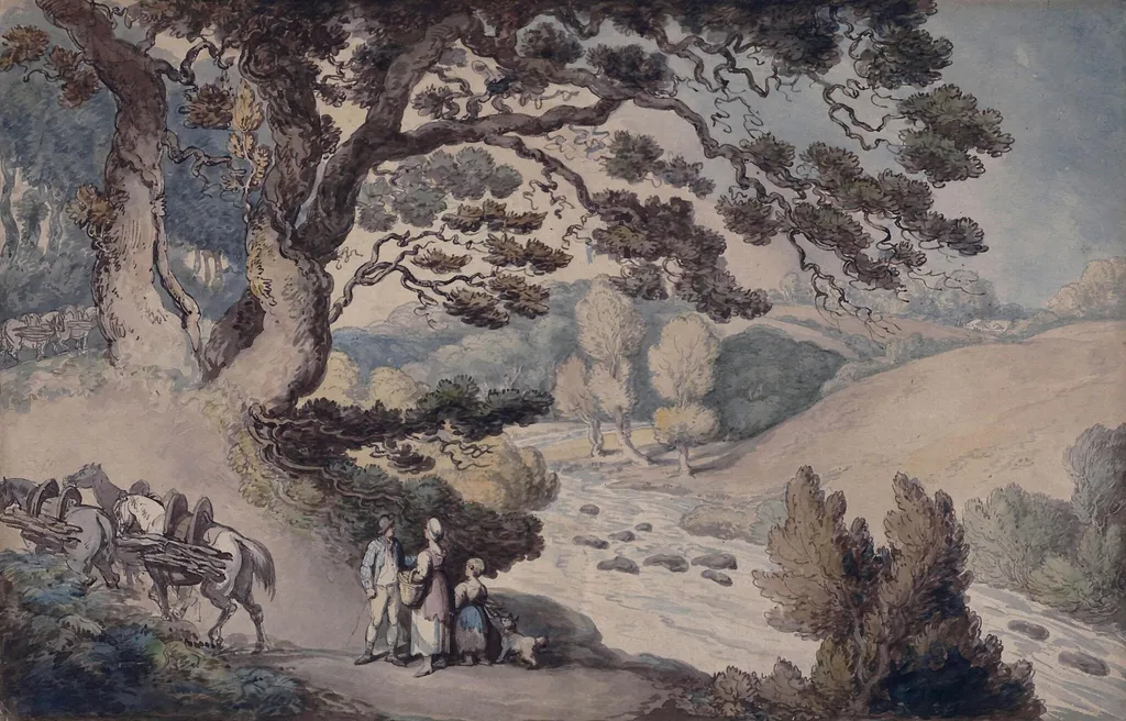 View in Carnarvon: Landscape with Figures and Packhorses, by Thomas Rowlandson, watercolor, 1797