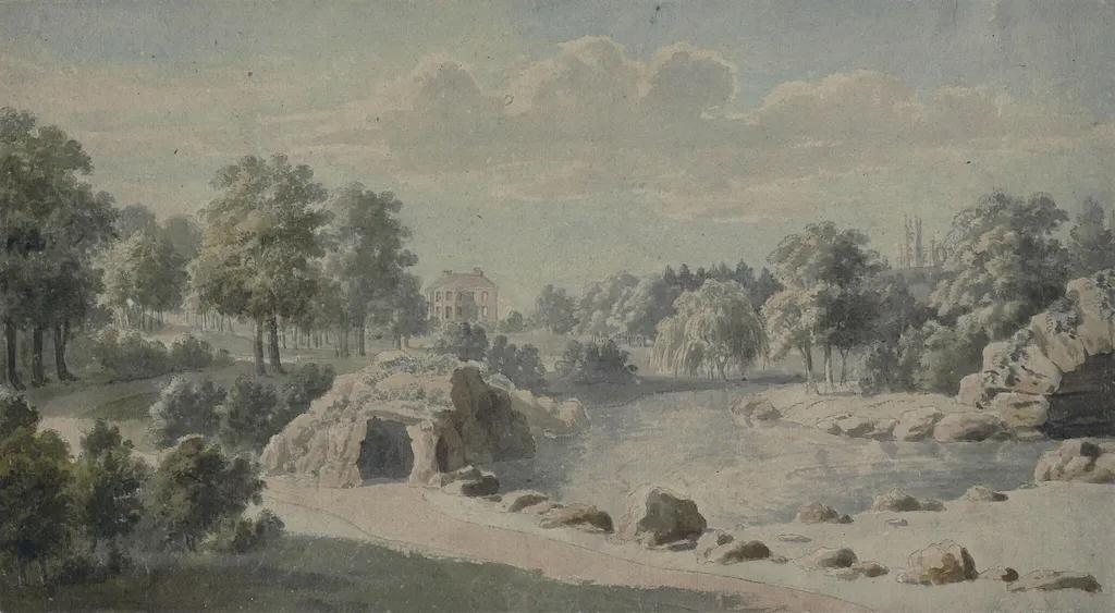 Park Landscape with House, Church, and Ornamental Water, by Thomas Sandby, watercolor, 1750