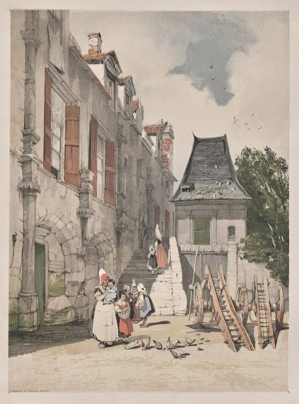 Picturesque Architecture in Paris, Ghent, Antwerp, Rouen: L'Abbaye St. Amand, Rouen, France, by Thomas Shotter Boys, 1839