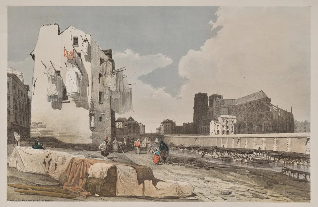 Picturesque Architecture in Paris, Ghent, Antwerp, Rouen: Nôtre Dame, Paris, from the Quai St. Bernard, by Thomas Shotter Boys, 1839