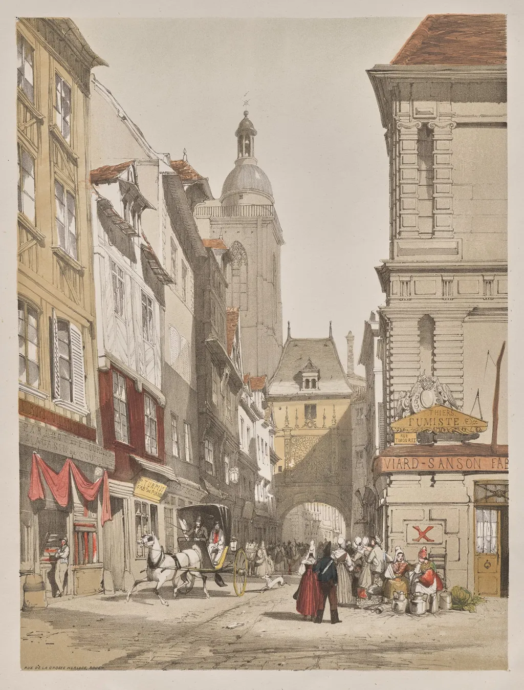 Picturesque Architecture in Paris, Ghent, Antwerp, Rouen: Rue de la Crosse Horlogue, Rouen, France, by Thomas Shotter Boys, 1839
