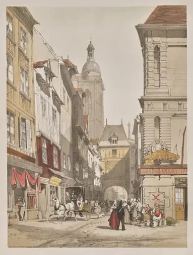 Picturesque Architecture in Paris, Ghent, Antwerp, Rouen: Rue de la Crosse Horlogue, Rouen, France, by Thomas Shotter Boys