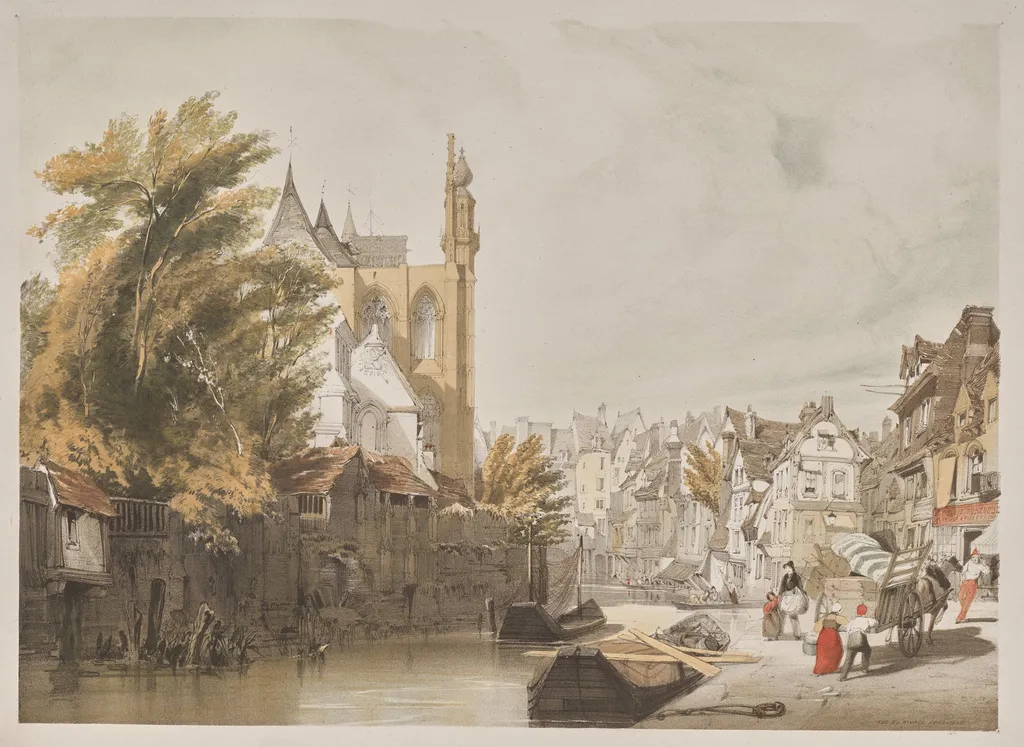 Picturesque Architecture in Paris, Ghent, Antwerp, Rouen: Rue du Rivage, Abbeville, France, by Thomas Shotter Boys, 1839